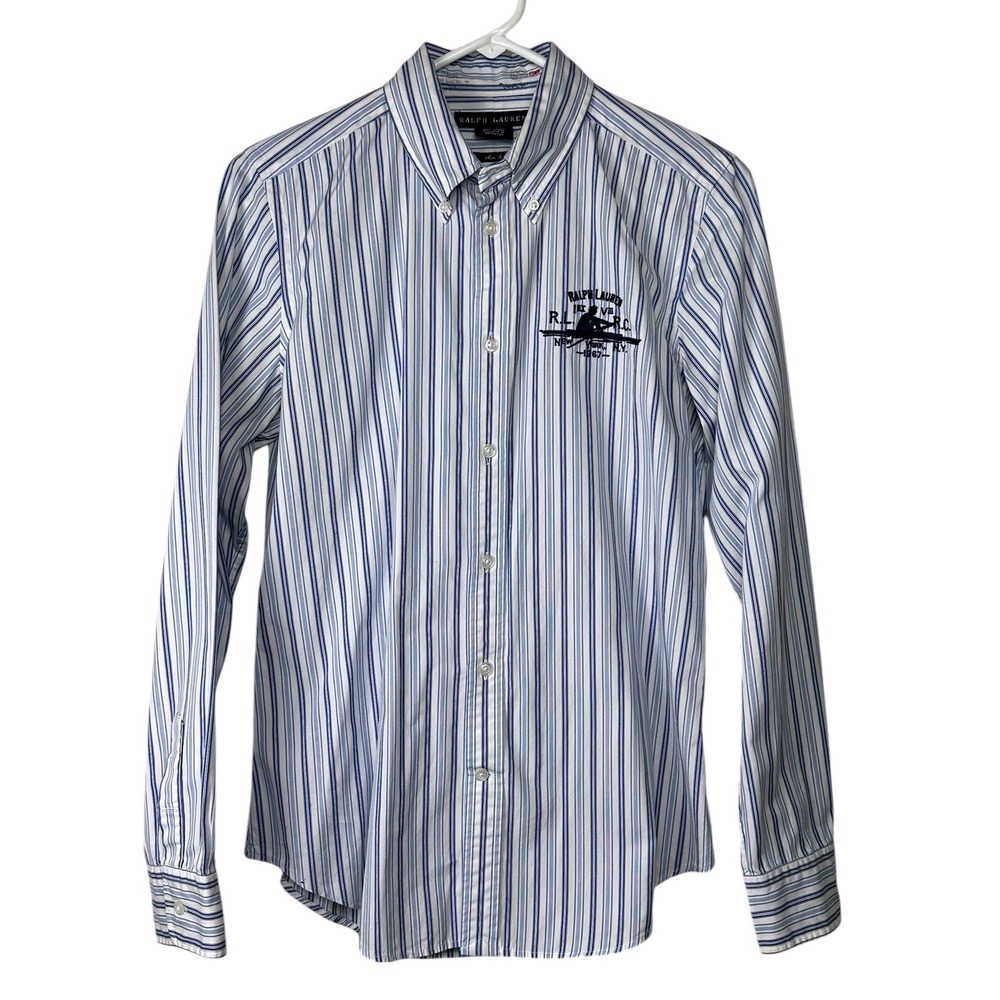 Vintage Ralph Lauren Rowing Club  Womens Blue White Striped Shirt Size 12